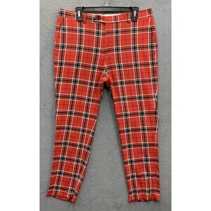 BooHoo MAN Pants Mens Plaid Check Fit To Leg Red Casual Slash Pocket Size 34X27